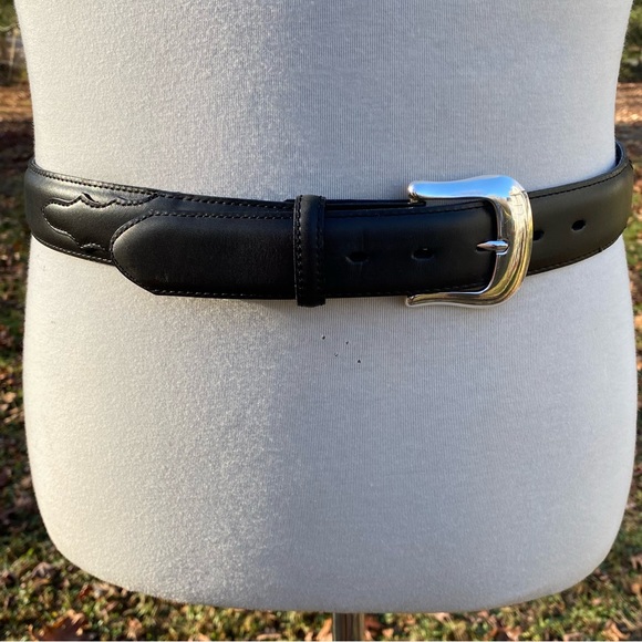 TONY LAMA BELT BLACK LEATHER SILVER TONE BUCKLE USA SIZE 34 VINTAGE ACCESSORY